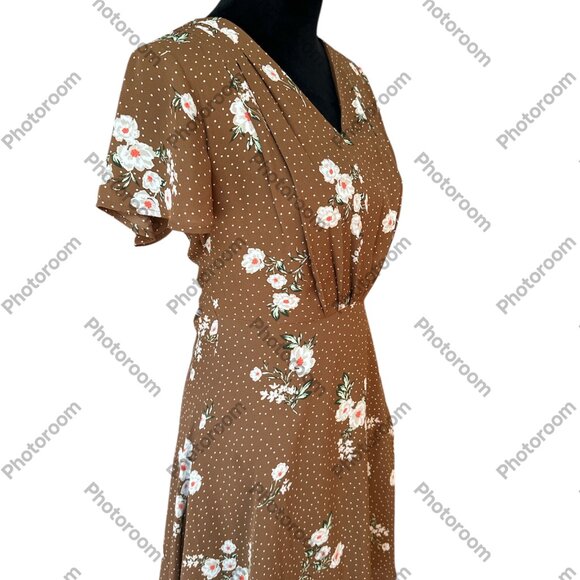 Ann Taylor Brown Floral Short Sleeve Belted Zip Lined Dress Size 0 - Picture 2 of 6